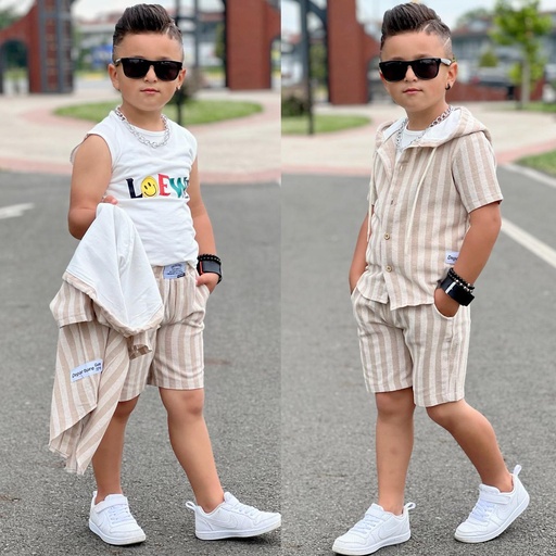 [BB3528-03] Qamees Stripe Brown   FULL SET BABY  3in 1